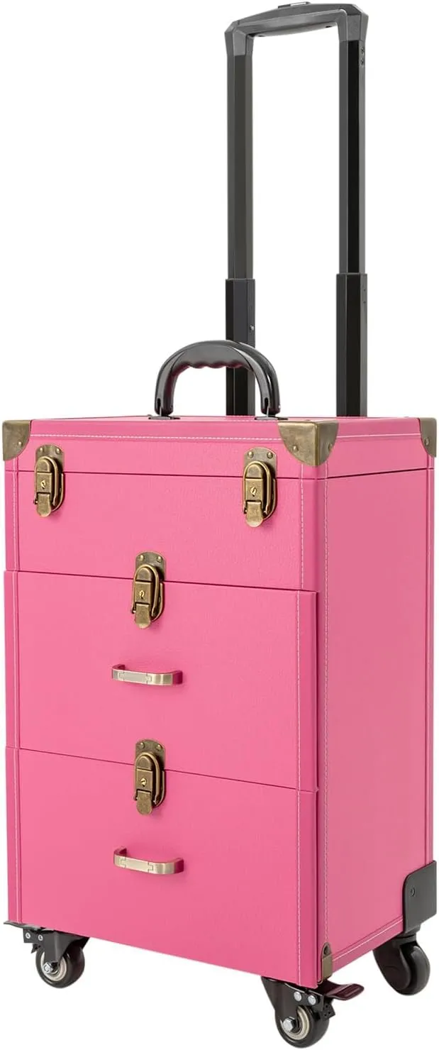 Rolling Makeup Case, Makeup Train Case Professional Cosmetics Rolling Beauty Organizer (Red)