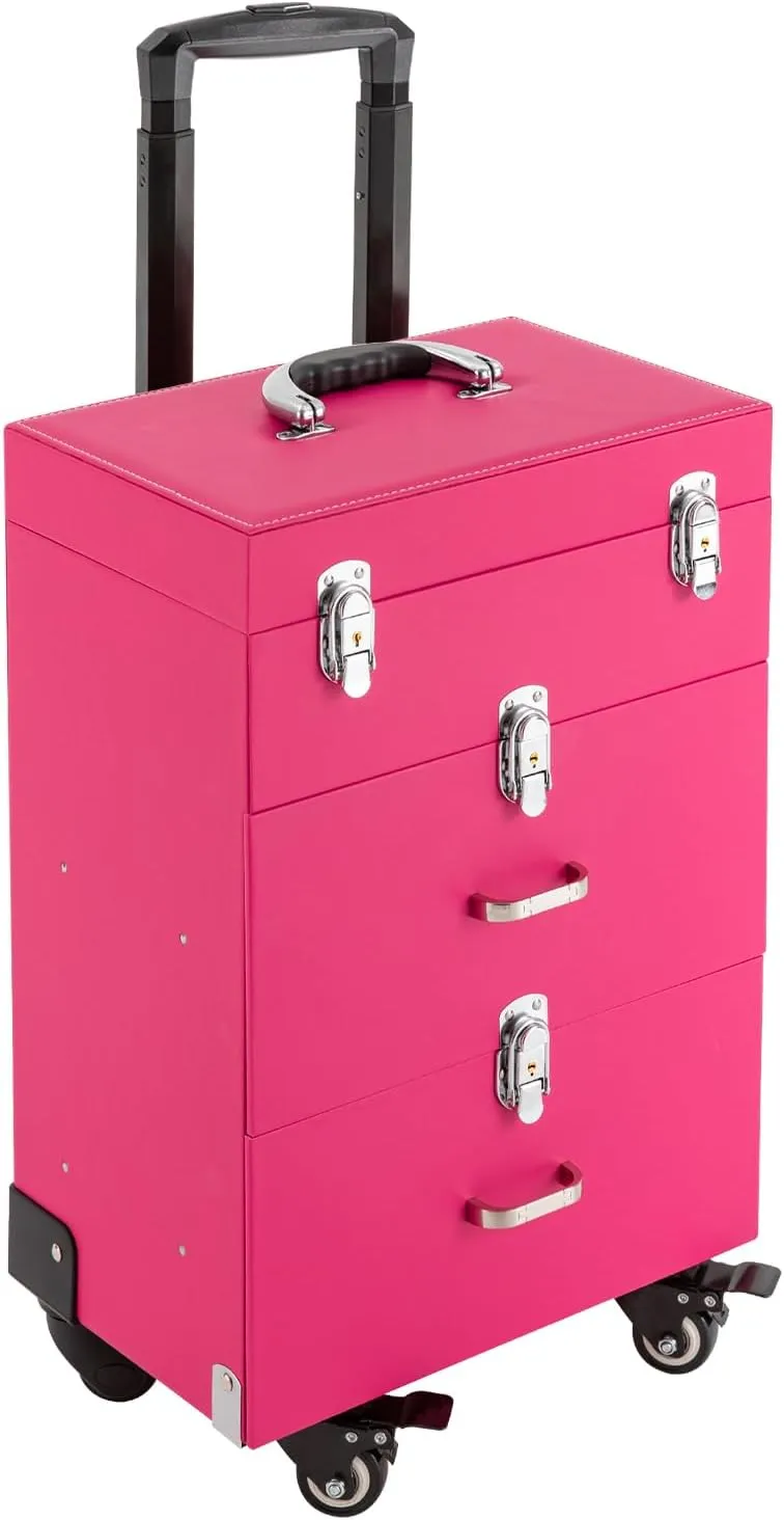 Rolling Makeup Train Case With Drawer Travel Cosmetic Box Make Up Train Storage Trolley Organizer Luggage W/ 4Universal Wheels For Makeup Artist Hairdresser Nail Artist Esthetician (Pink)