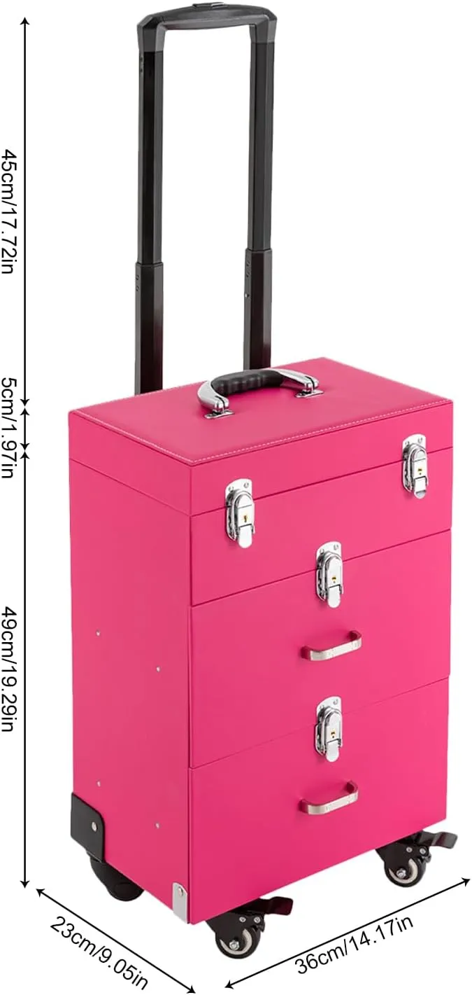 Rolling Makeup Train Case With Drawer Travel Cosmetic Box Make Up Train Storage Trolley Organizer Luggage W/ 4Universal Wheels For Makeup Artist Hairdresser Nail Artist Esthetician (Pink)