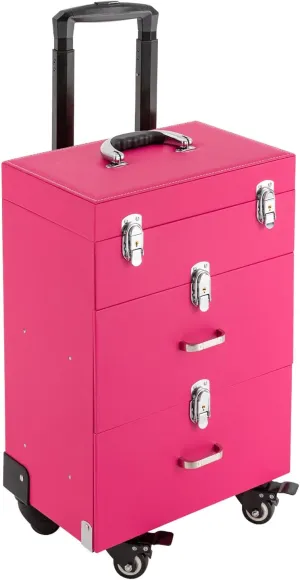 Rolling Makeup Train Case With Drawer Travel Cosmetic Box Make Up Train Storage Trolley Organizer Luggage W/ 4Universal Wheels For Makeup Artist Hairdresser Nail Artist Esthetician (Pink)