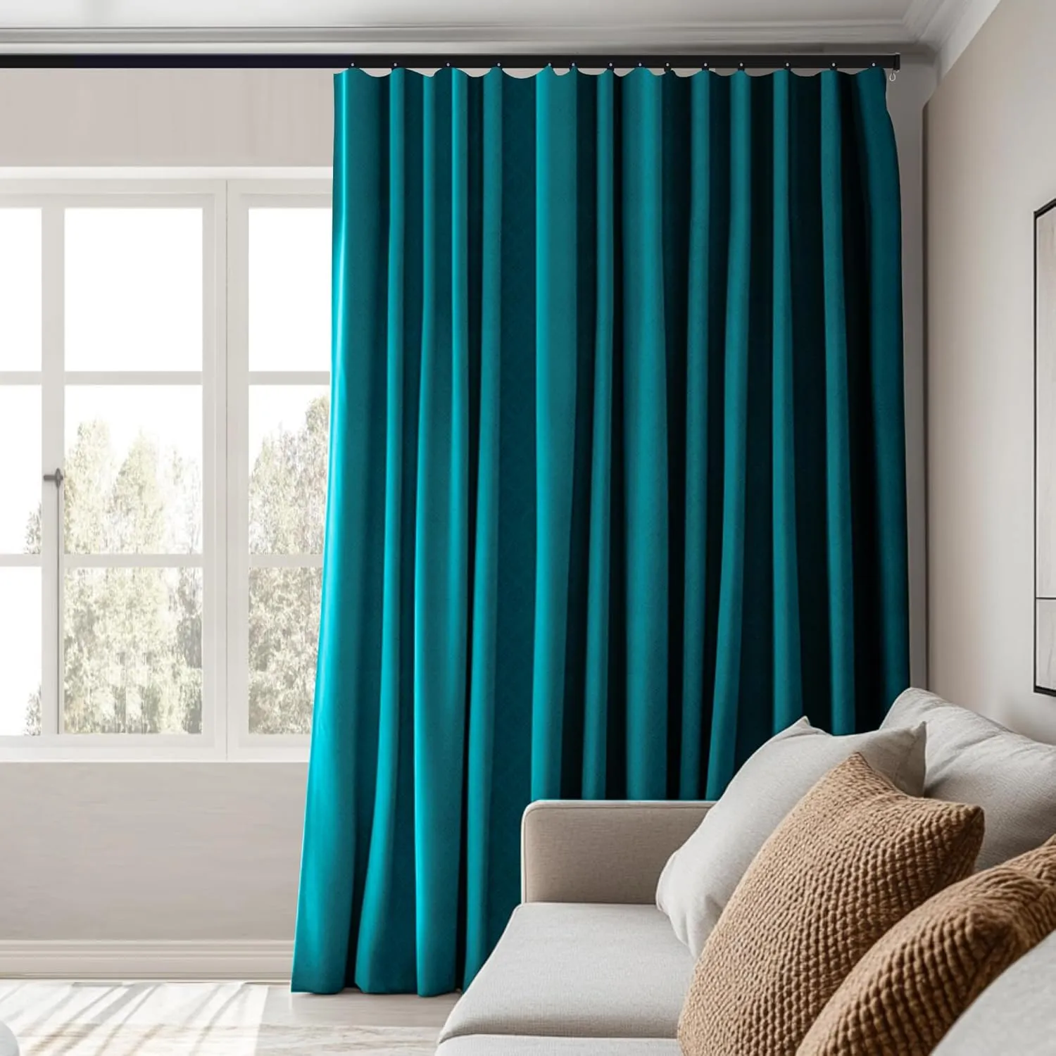 Room Divider Curtains, Blackout, Thermal Insulated, Noise Reduction, 150"W x 108"L, Peacock-Blue, Pinch Pleat Top, Bedroom