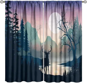 Rustic Deer Curtains Cabin Forest Mountain Lake Sunrise Deers Pattern Blackout Print Rod Pocket Window Drapes for Bedroom Living Room 42x45in