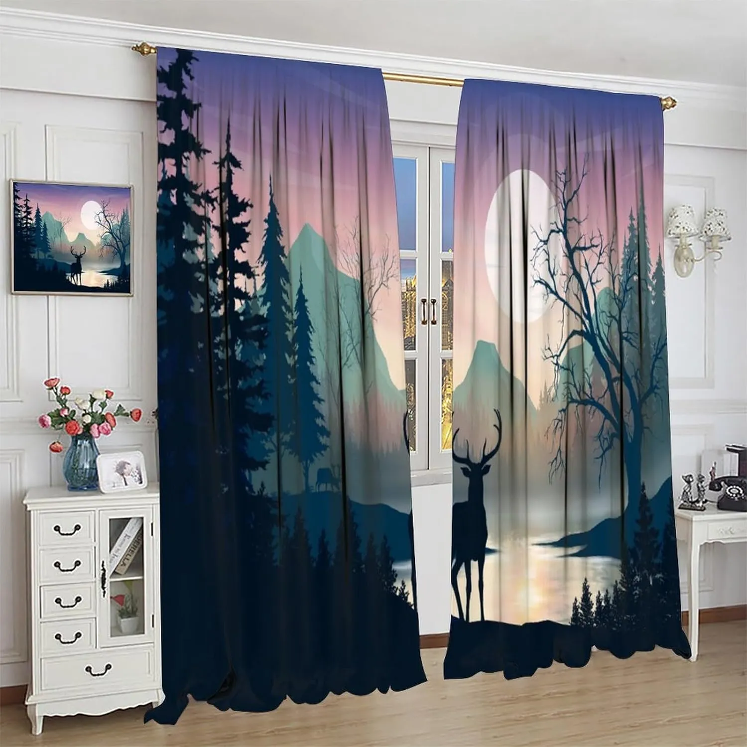 Rustic Deer Curtains Cabin Forest Mountain Lake Sunrise Deers Pattern Blackout Print Rod Pocket Window Drapes for Bedroom Living Room 42x45in
