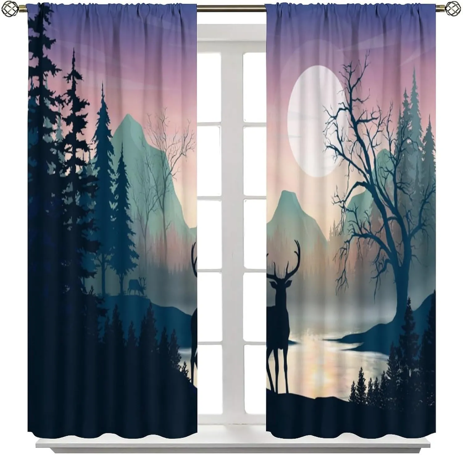 Rustic Deer Curtains Cabin Forest Mountain Lake Sunrise Deers Pattern Blackout Print Rod Pocket Window Drapes for Bedroom Living Room 42x45in