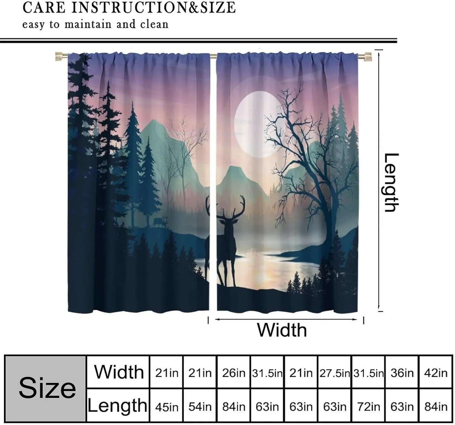 Rustic Deer Curtains Cabin Forest Mountain Lake Sunrise Deers Pattern Blackout Print Rod Pocket Window Drapes for Bedroom Living Room 42x45in