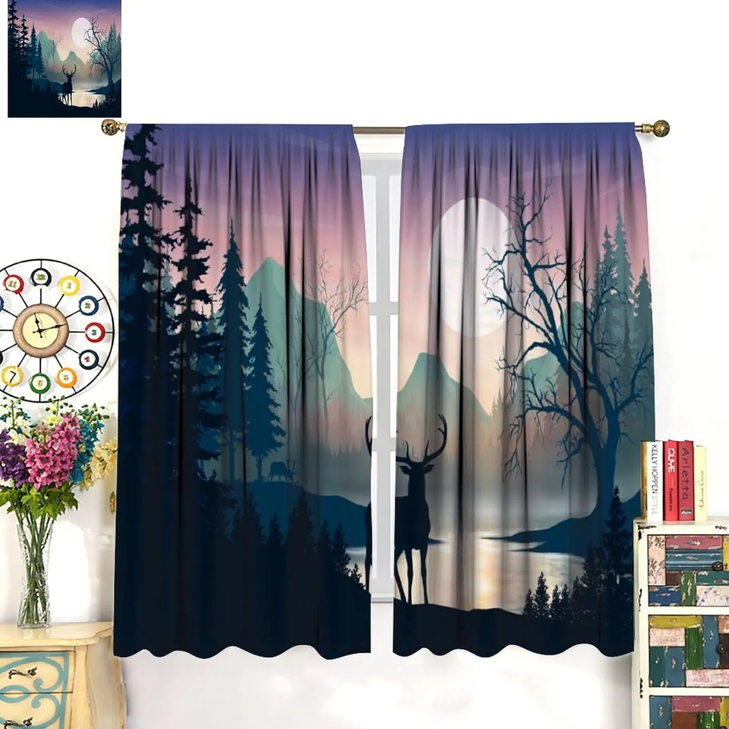 Rustic Deer Curtains Cabin Forest Mountain Lake Sunrise Deers Pattern Blackout Print Rod Pocket Window Drapes for Bedroom Living Room 42x45in