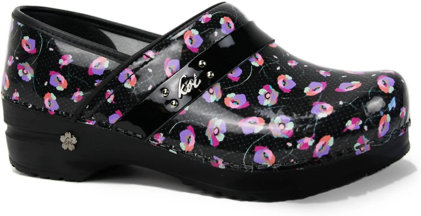 Sanita Dotted Poppies Patent Leather Clogs for Women - Cushioned Insole, Shock Absorbing Outsole, Closed-Back, APMA-Approved