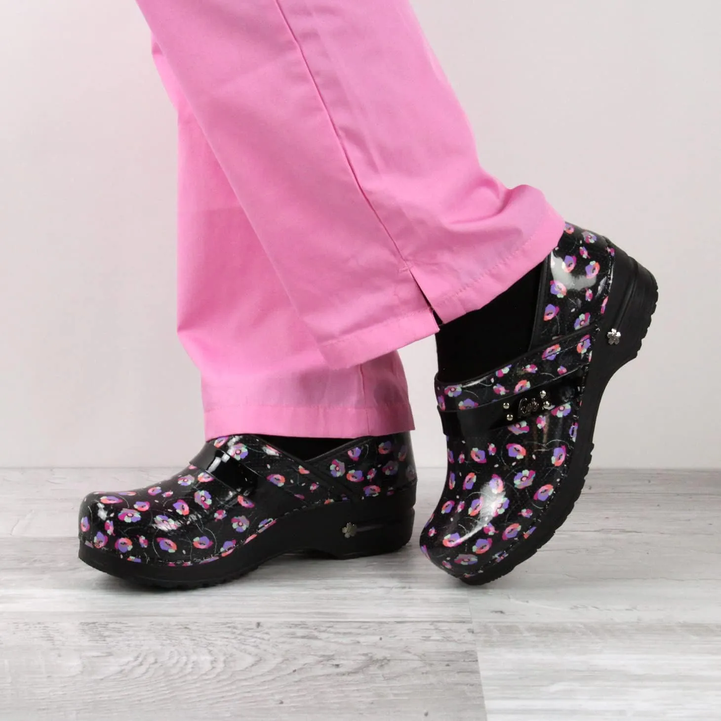 Sanita Dotted Poppies Patent Leather Clogs for Women - Cushioned Insole, Shock Absorbing Outsole, Closed-Back, APMA-Approved