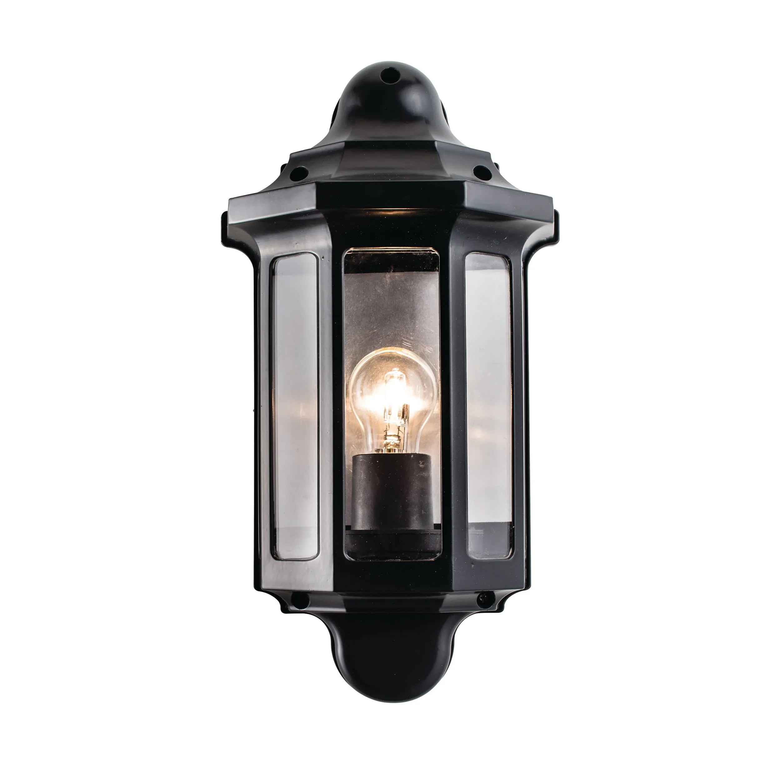 Saxby 1818S Traditional half lantern IP44 15W Satin black paint & clear pc 15W LED E27 (Required)