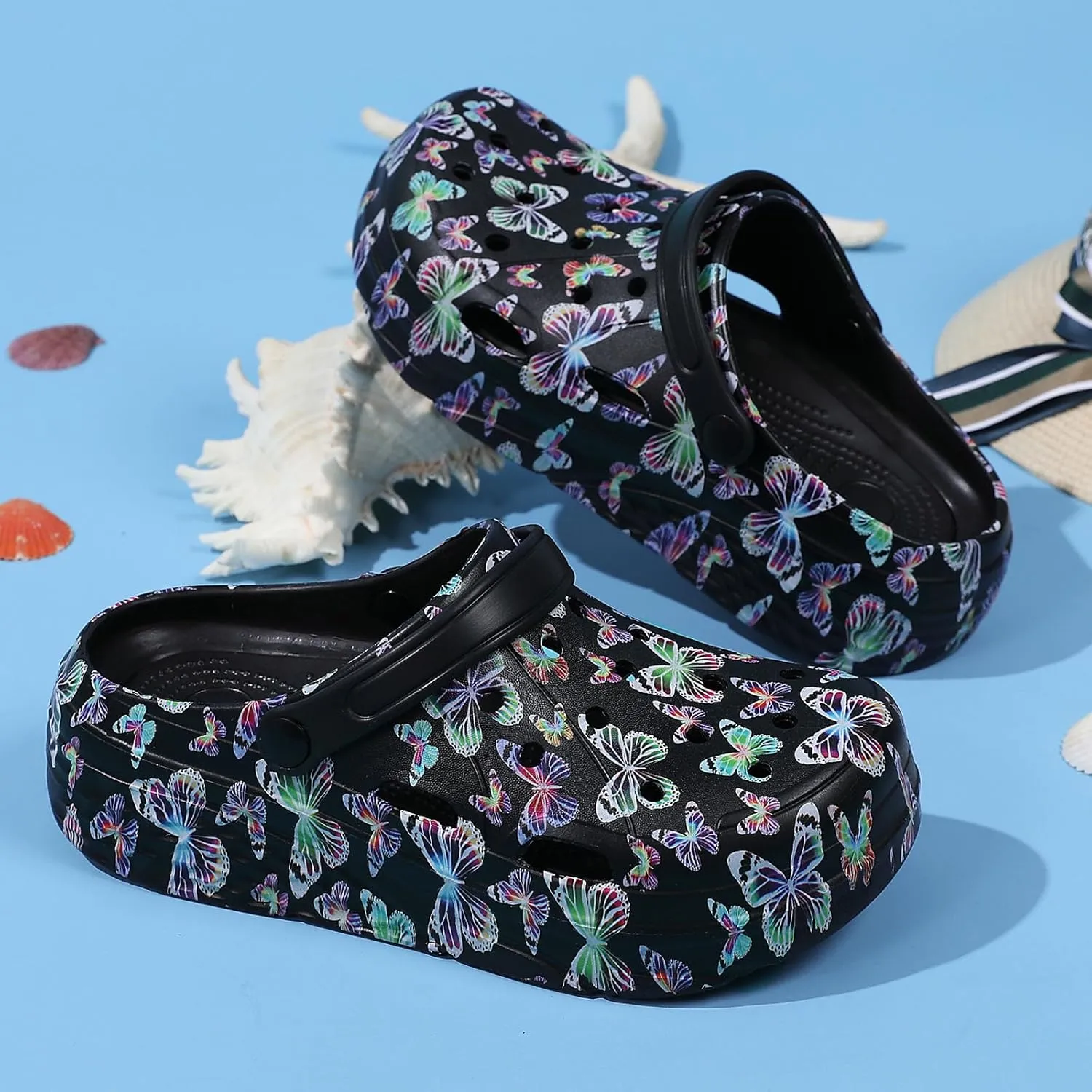 SECHRITE Womens Platform Graphic Clogs Garden Shoes Slip On Sandals Water Beach Outdoor Slippers Shoes with Removable Insole