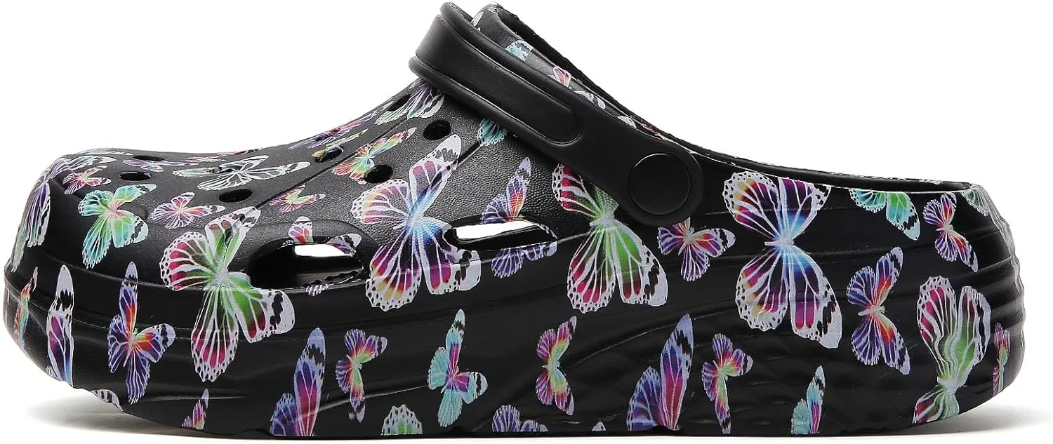 SECHRITE Womens Platform Graphic Clogs Garden Shoes Slip On Sandals Water Beach Outdoor Slippers Shoes with Removable Insole