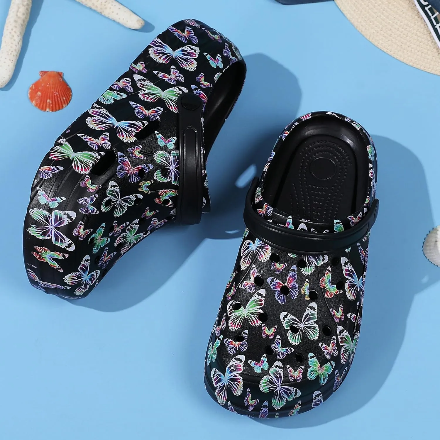 SECHRITE Womens Platform Graphic Clogs Garden Shoes Slip On Sandals Water Beach Outdoor Slippers Shoes with Removable Insole