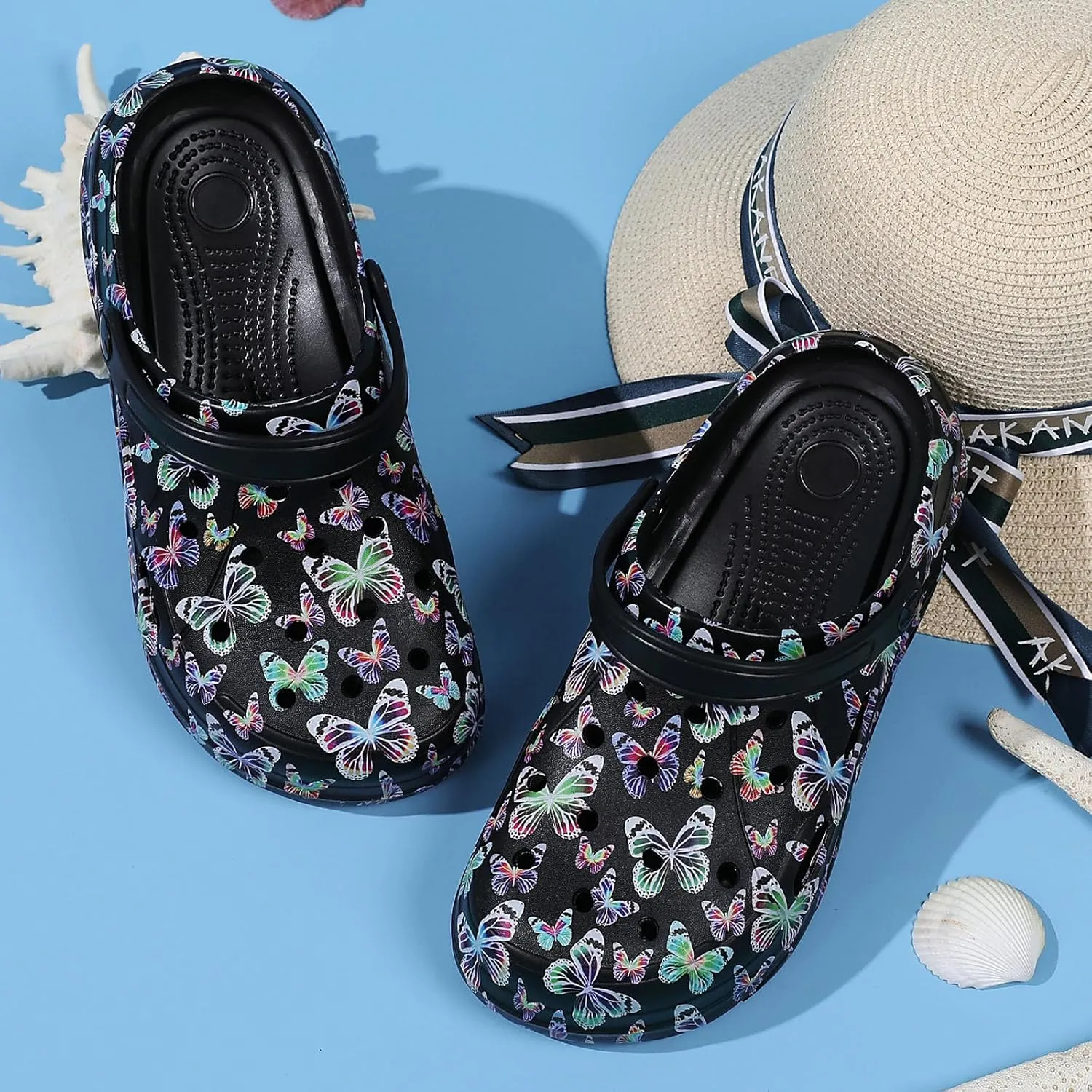 SECHRITE Womens Platform Graphic Clogs Garden Shoes Slip On Sandals Water Beach Outdoor Slippers Shoes with Removable Insole