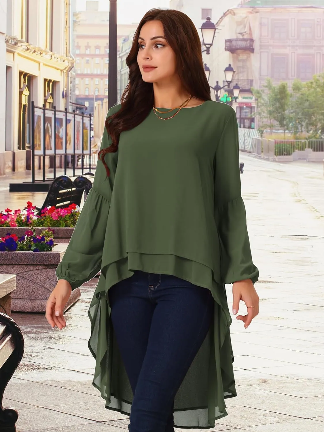 Seta T Women's High Low Tops Lantern Long Sleeve Round Neck Dressy Casual Chiffon Asymmetrical Tops Blouse
