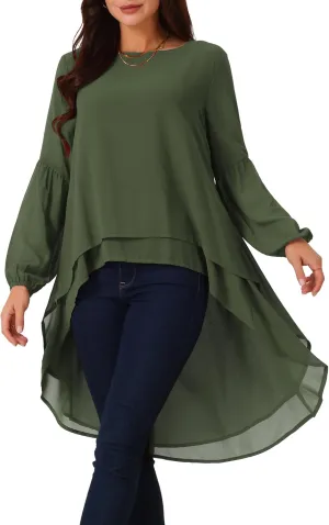 Seta T Women's High Low Tops Lantern Long Sleeve Round Neck Dressy Casual Chiffon Asymmetrical Tops Blouse