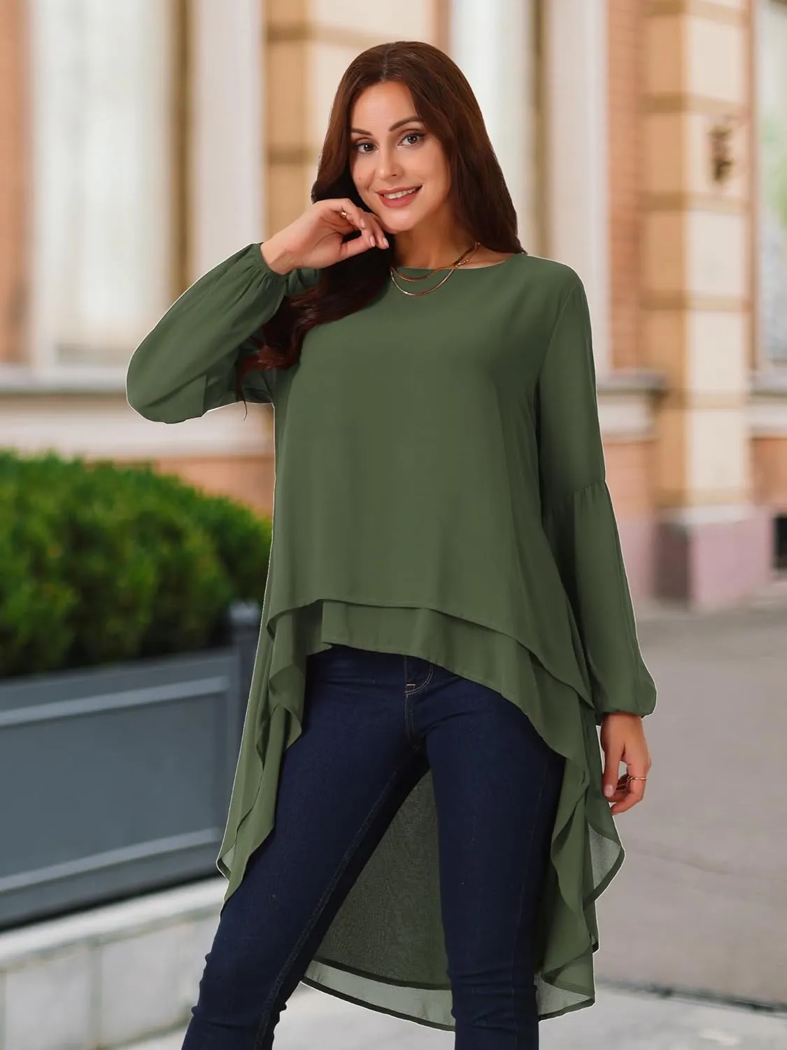 Seta T Women's High Low Tops Lantern Long Sleeve Round Neck Dressy Casual Chiffon Asymmetrical Tops Blouse
