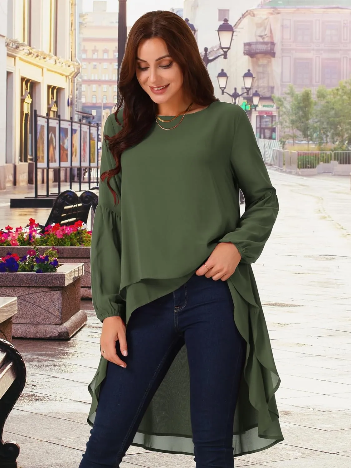 Seta T Women's High Low Tops Lantern Long Sleeve Round Neck Dressy Casual Chiffon Asymmetrical Tops Blouse