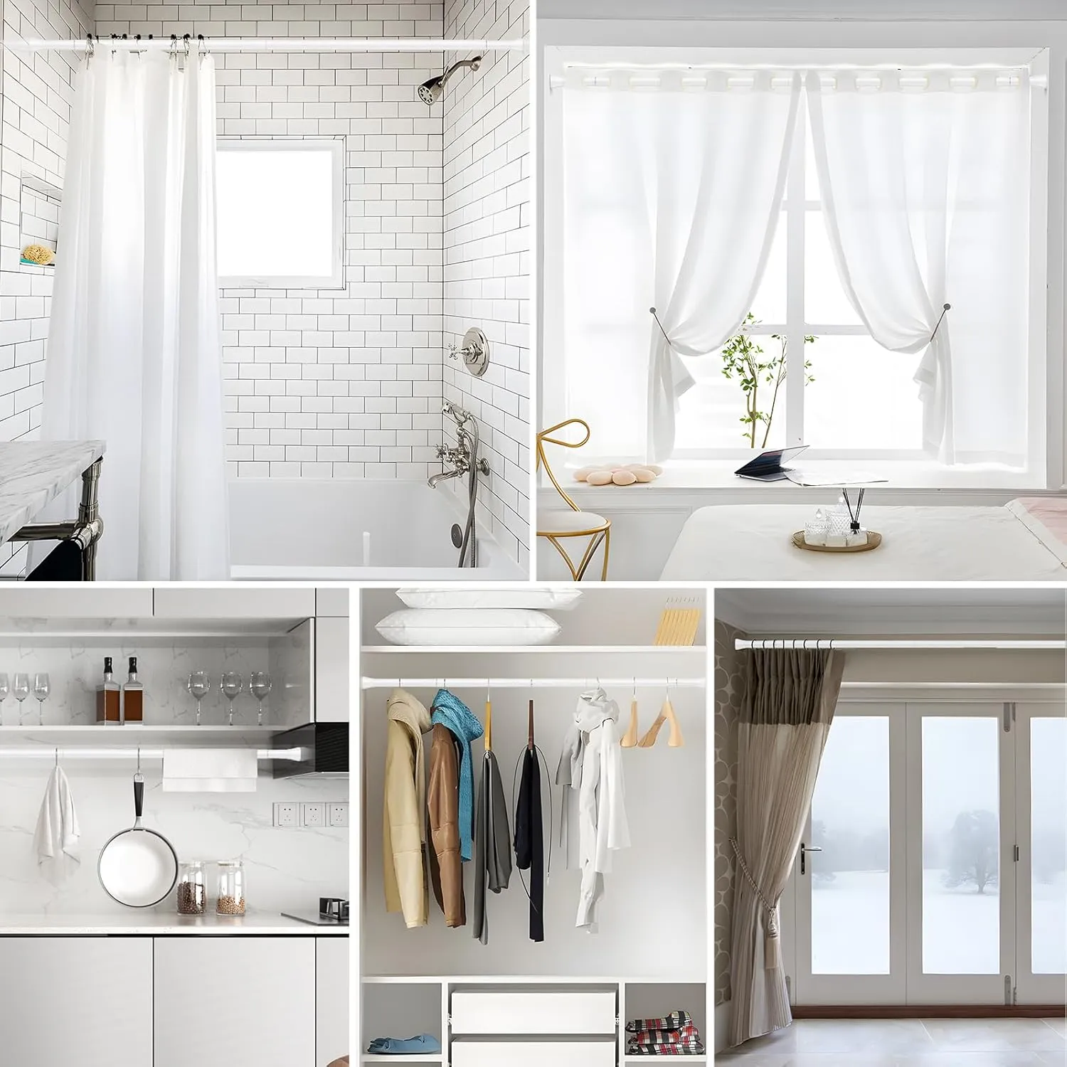 Shower Curtain Rod 45-77 Inch White Shower Rod Tension Curtain Rod Adjustable Curtain Rods No Drilling Shower Curtain Tension Rod for Bathroom Windows Doorways