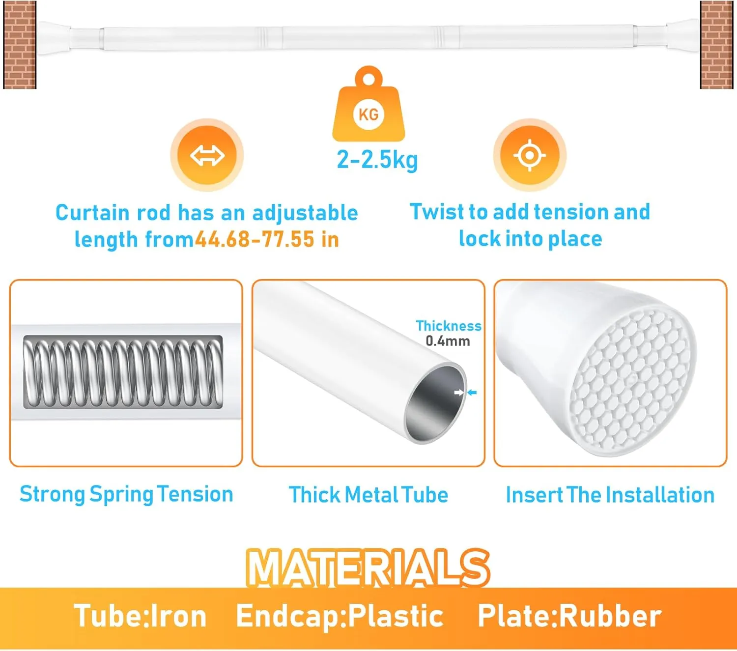 Shower Curtain Rod 45-77 Inch White Shower Rod Tension Curtain Rod Adjustable Curtain Rods No Drilling Shower Curtain Tension Rod for Bathroom Windows Doorways