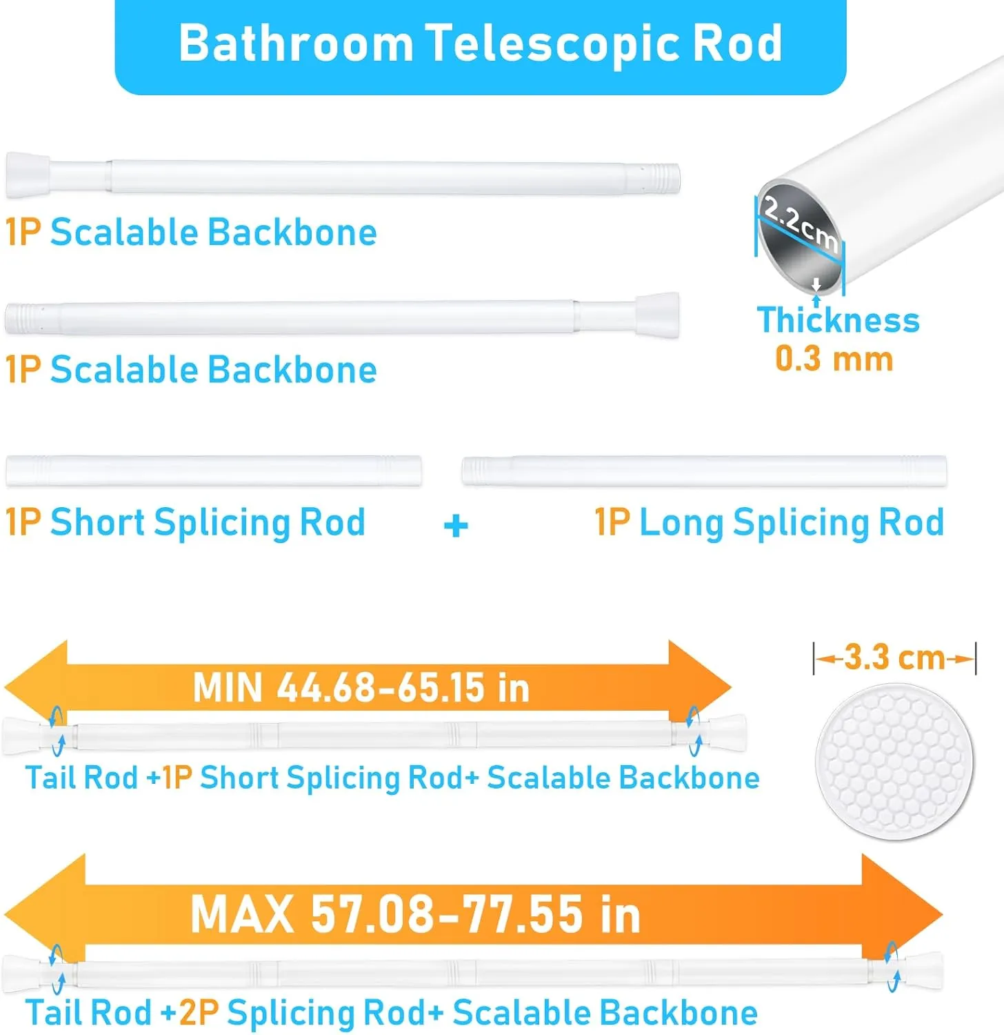 Shower Curtain Rod 45-77 Inch White Shower Rod Tension Curtain Rod Adjustable Curtain Rods No Drilling Shower Curtain Tension Rod for Bathroom Windows Doorways