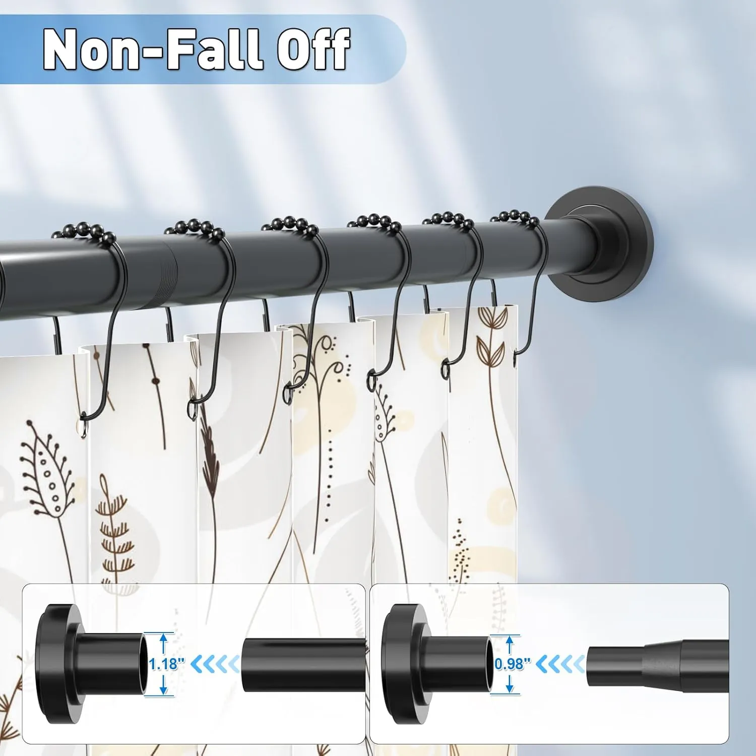 Shower Curtain Rod Adjustable 29-74 Inches, Spring Tension Shower Rod Stainless Steel 1 Inch Diameter Telescoping Curtain Rod for Bathroom, Windows Wardrobe, Non Slip, No Drilling, No Rust, Black