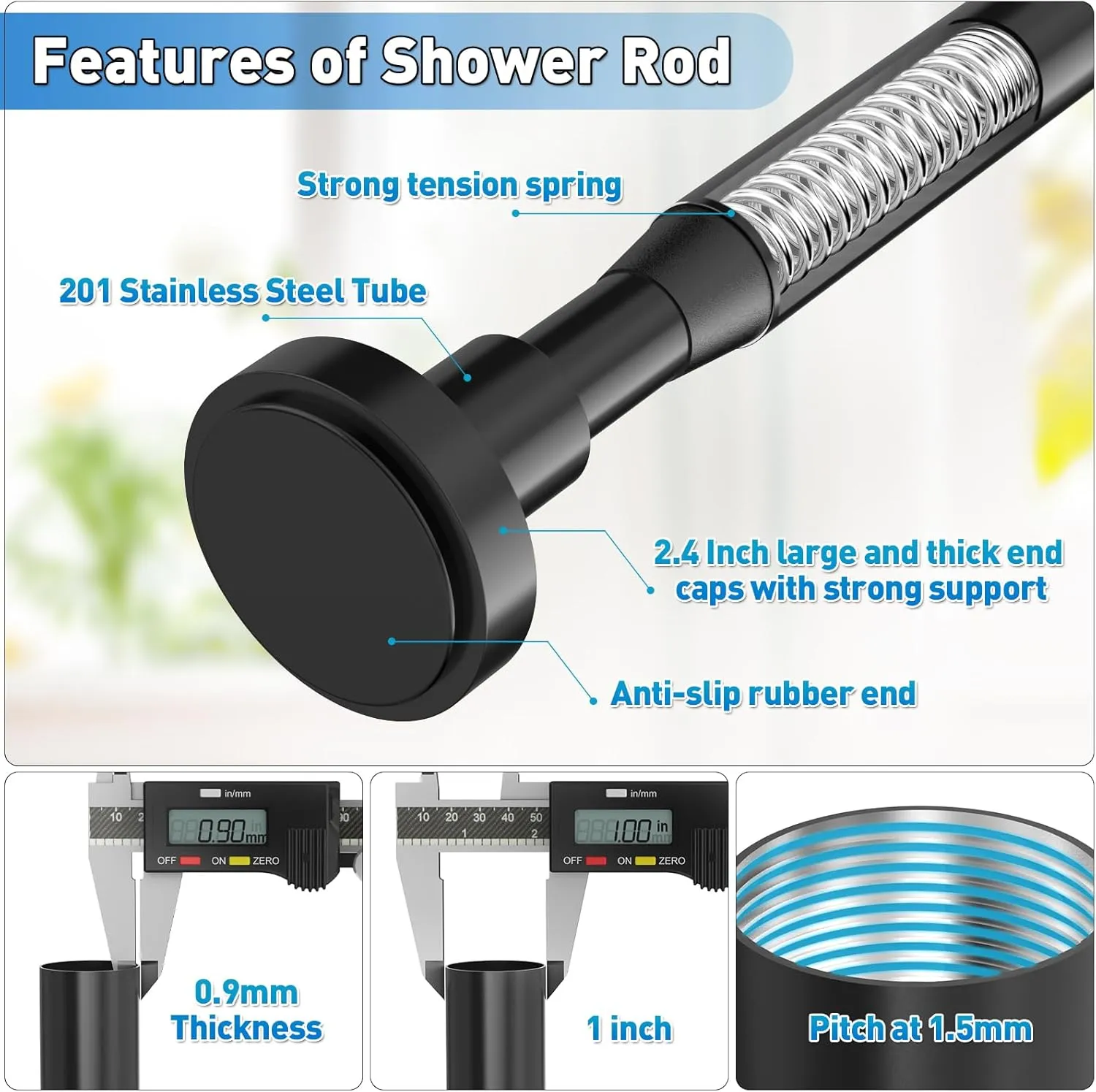Shower Curtain Rod Adjustable 29-74 Inches, Spring Tension Shower Rod Stainless Steel 1 Inch Diameter Telescoping Curtain Rod for Bathroom, Windows Wardrobe, Non Slip, No Drilling, No Rust, Black