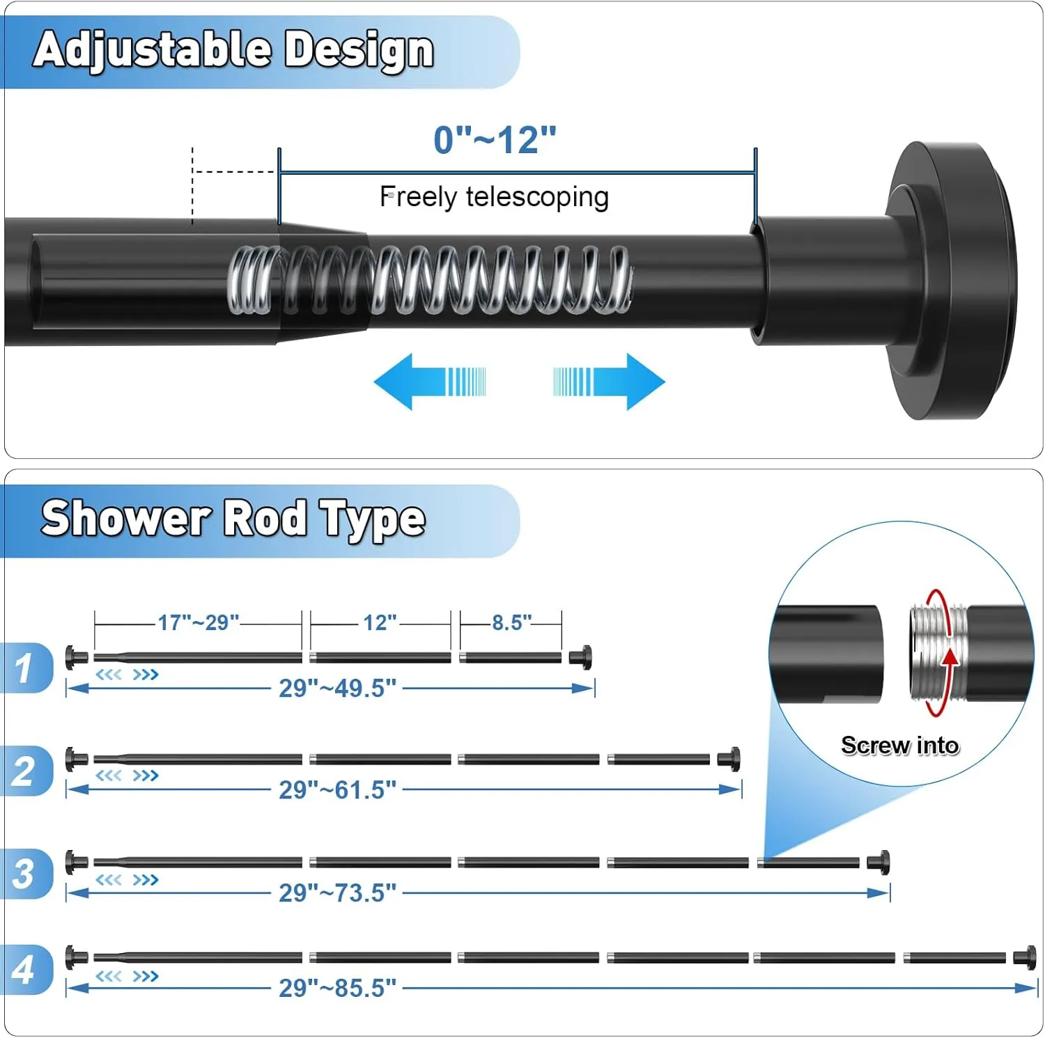 Shower Curtain Rod Adjustable 29-74 Inches, Spring Tension Shower Rod Stainless Steel 1 Inch Diameter Telescoping Curtain Rod for Bathroom, Windows Wardrobe, Non Slip, No Drilling, No Rust, Black