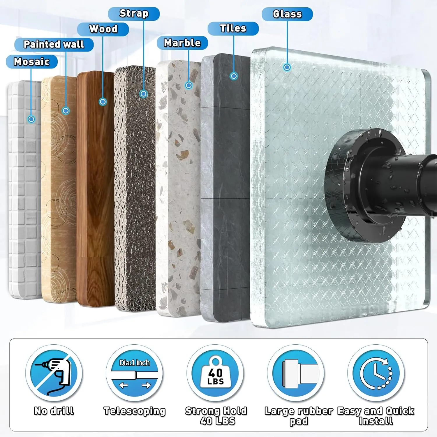 Shower Curtain Rod Adjustable 29-74 Inches, Spring Tension Shower Rod Stainless Steel 1 Inch Diameter Telescoping Curtain Rod for Bathroom, Windows Wardrobe, Non Slip, No Drilling, No Rust, Black