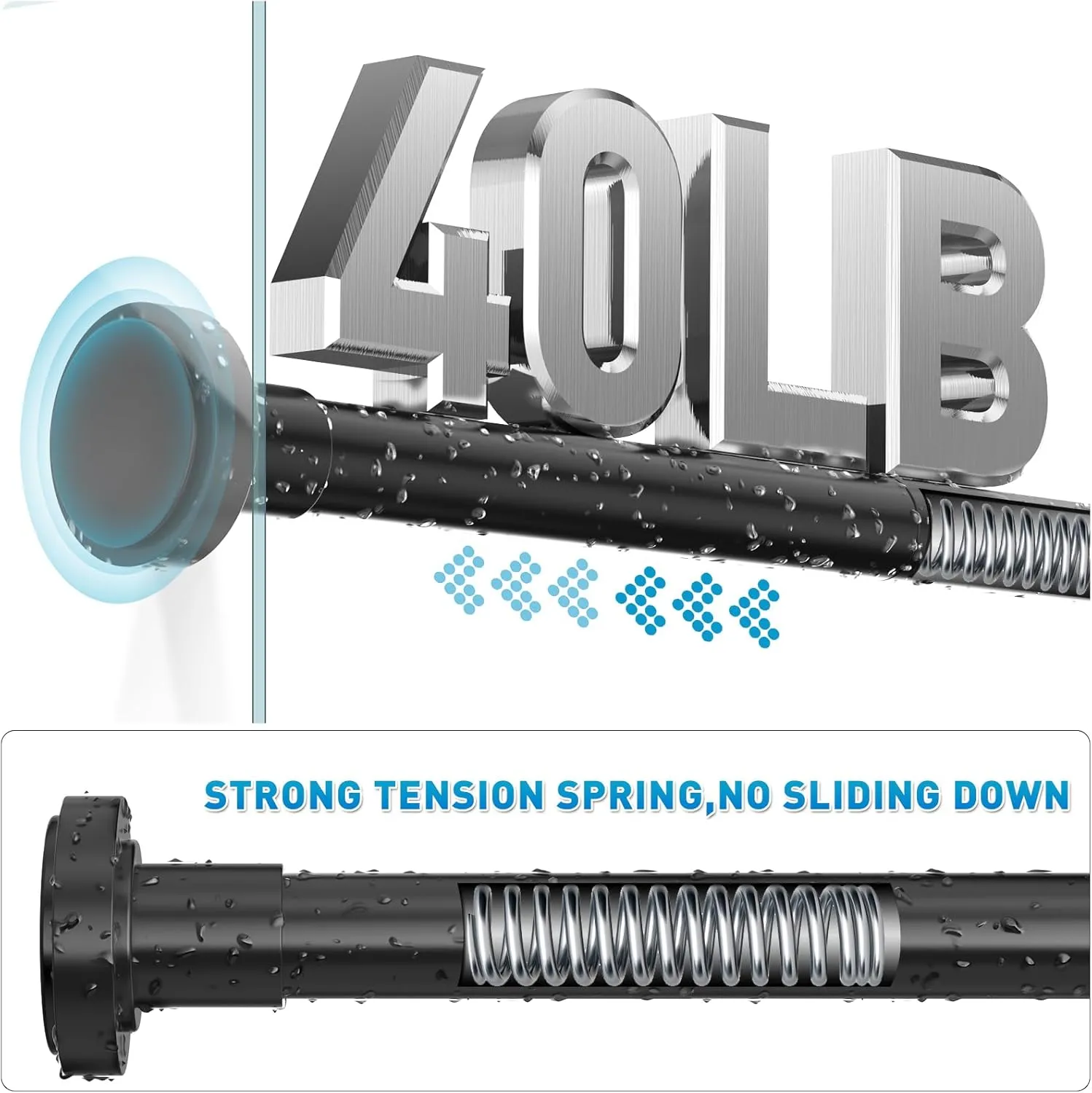 Shower Curtain Rod Adjustable 29-74 Inches, Spring Tension Shower Rod Stainless Steel 1 Inch Diameter Telescoping Curtain Rod for Bathroom, Windows Wardrobe, Non Slip, No Drilling, No Rust, Black