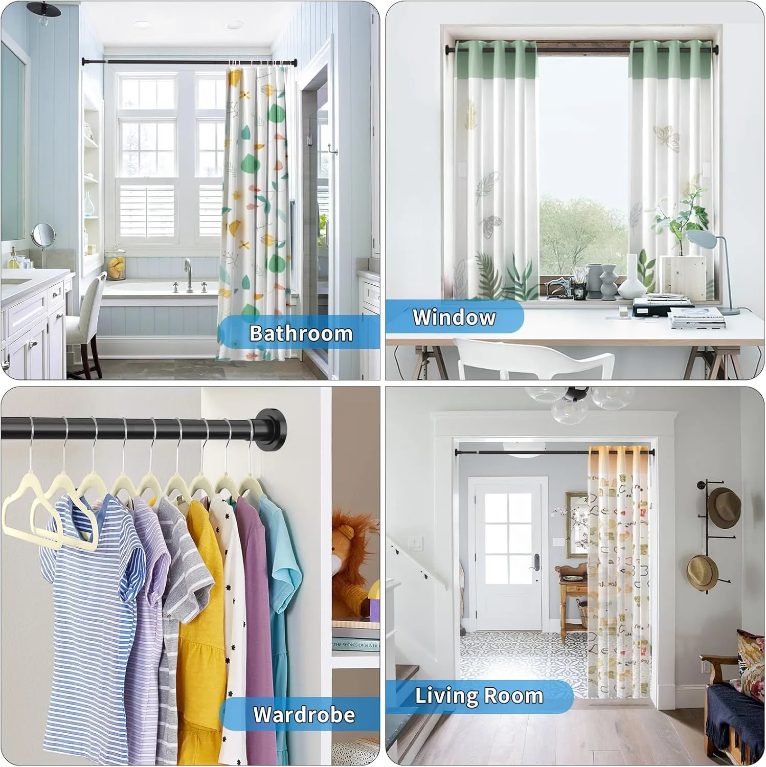 Shower Curtain Rod Adjustable 29-74 Inches, Spring Tension Shower Rod Stainless Steel 1 Inch Diameter Telescoping Curtain Rod for Bathroom, Windows Wardrobe, Non Slip, No Drilling, No Rust, Black