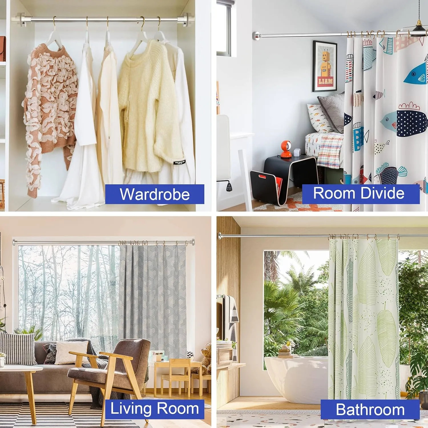 Shower Curtain Rods 32 to 75 Inch, Shower Tension Rod No Drilling Adjustable Shower Rods for Bathroom Non-Slip Stainless Steel Telescoping Shower Bar for Curtain, No Rust, Chrome