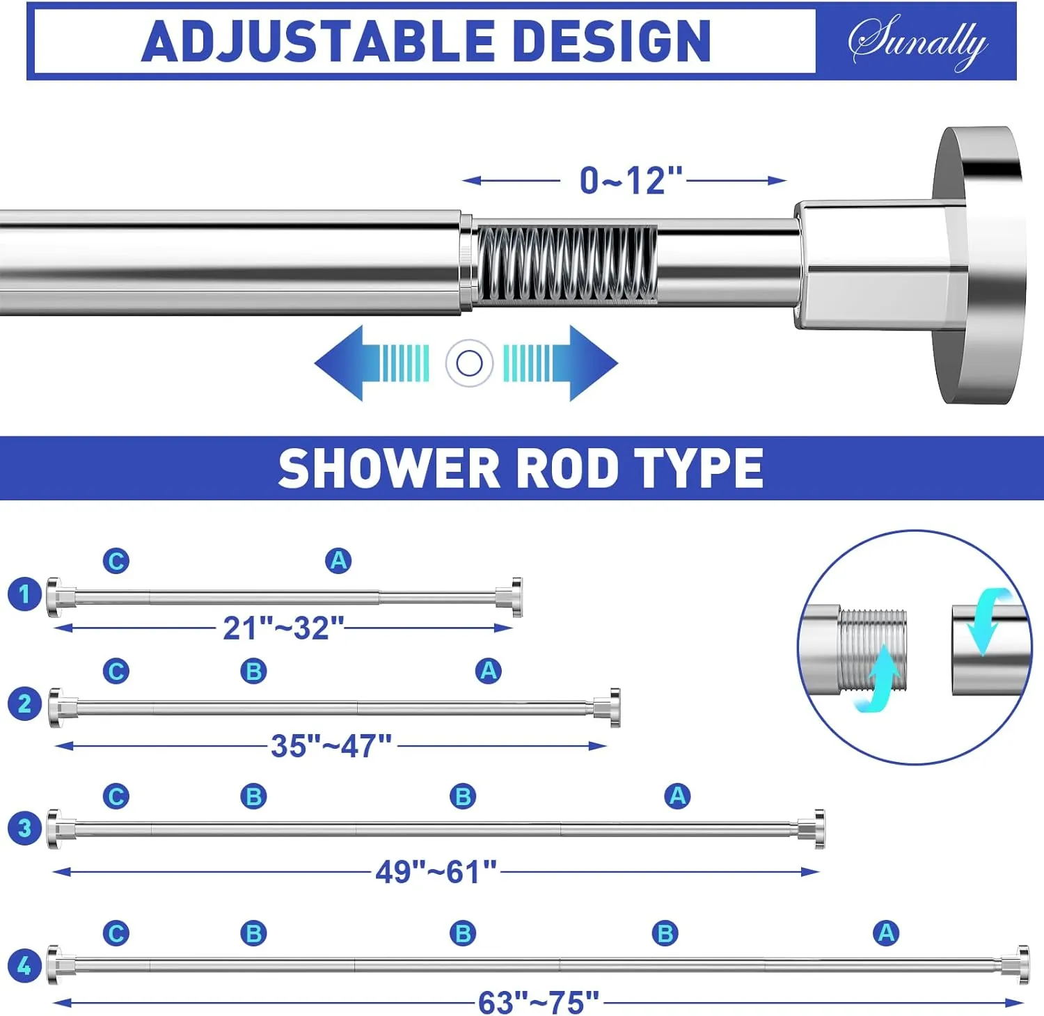 Shower Curtain Rods 32 to 75 Inch, Shower Tension Rod No Drilling Adjustable Shower Rods for Bathroom Non-Slip Stainless Steel Telescoping Shower Bar for Curtain, No Rust, Chrome