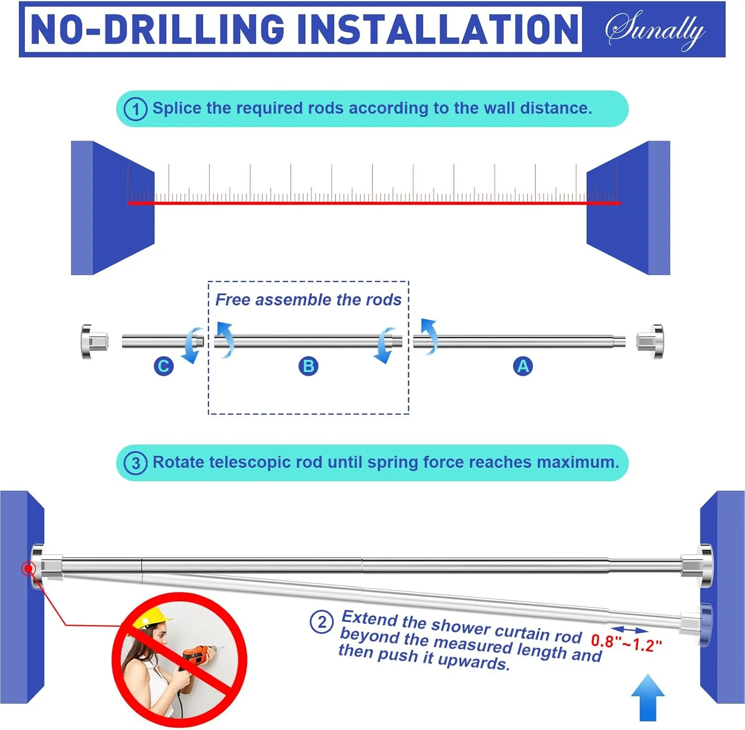 Shower Curtain Rods 32 to 75 Inch, Shower Tension Rod No Drilling Adjustable Shower Rods for Bathroom Non-Slip Stainless Steel Telescoping Shower Bar for Curtain, No Rust, Chrome