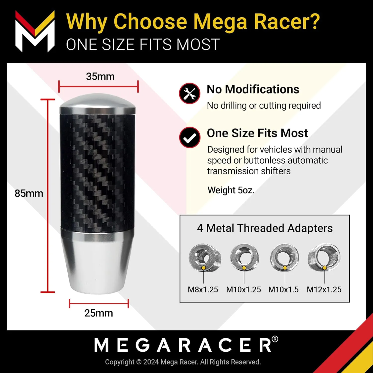Silver Carbon Fiber Shift Knob - Buttonless Automatic Manual Shifter Knobs for 4, 5 & 6 Speed Cars