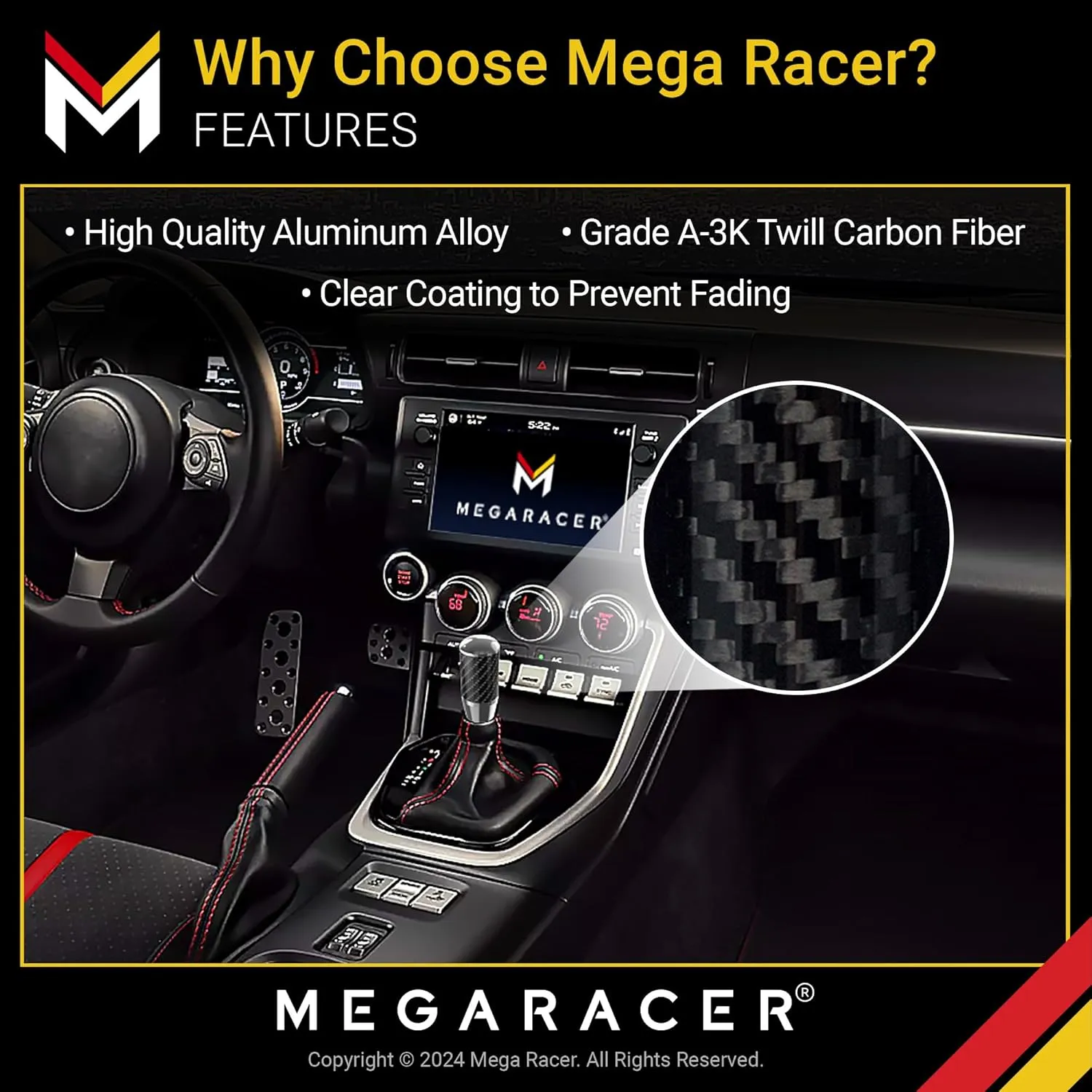 Silver Carbon Fiber Shift Knob - Buttonless Automatic Manual Shifter Knobs for 4, 5 & 6 Speed Cars