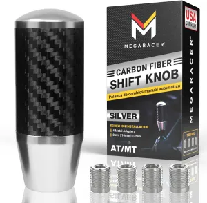 Silver Carbon Fiber Shift Knob - Buttonless Automatic Manual Shifter Knobs for 4, 5 & 6 Speed Cars