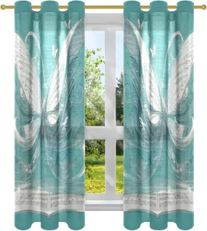 Silver Illusory Abstract Butterfly Music Notes Teal Cafe Curtains 63 Inch Curtains 2 Panels Set cortinas para Ventana Size 42 x 63 Inch