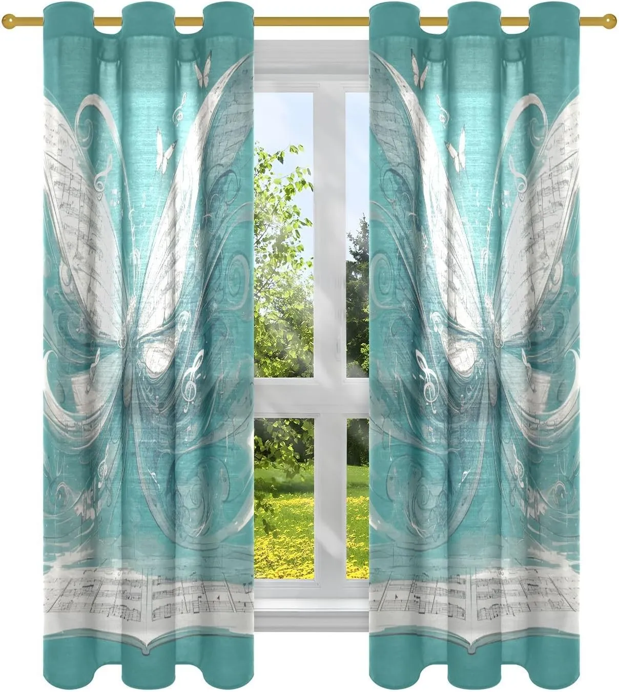Silver Illusory Abstract Butterfly Music Notes Teal Cafe Curtains 63 Inch Curtains 2 Panels Set cortinas para Ventana Size 42 x 63 Inch