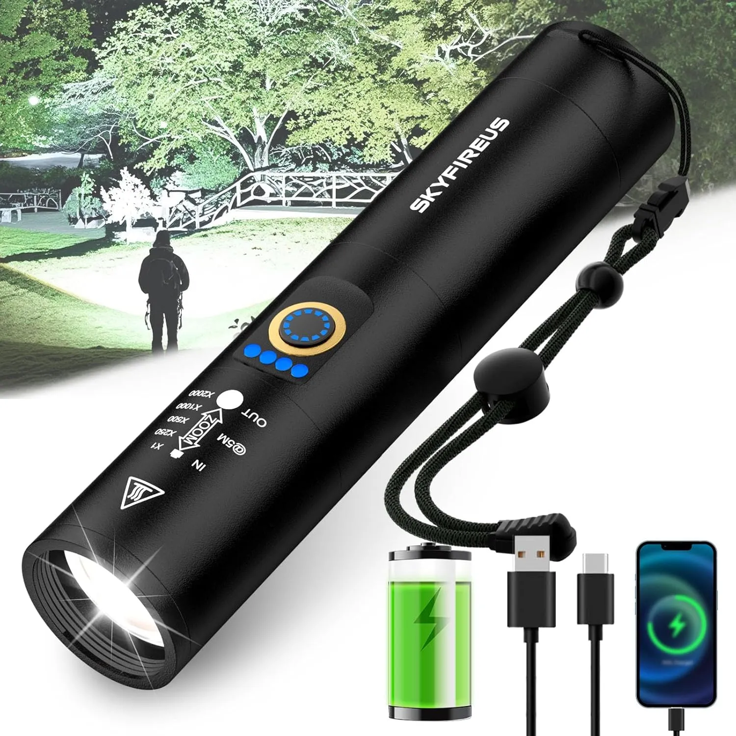 SKYFIRE LED Rechargeable Flashlight,20000.00 lumens Super Bright Tactical Flashlights High Lumens,Five Modes,Camping Flash Light for Outdoor,Emergency,Father's Day Gift-No Lens