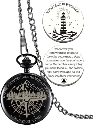 Sobriety Gifts Men, One Step at A Time Gifts Pocket Compass Black, Sobriety Pocket Token, Alcoholics Anonymous Gift, Inspirational Recovery Gift for Men from Addiction, Sober Gifts for Him Husband