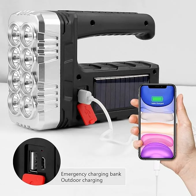 Solar Flashlight with USB Cable,Rechargeable 8 LED Handheld with COB Sidelight,Portable Waterproof Flashlight,High Lumens 3 Modes Searchlight,for Fishing Outdoor Camping Emergencies