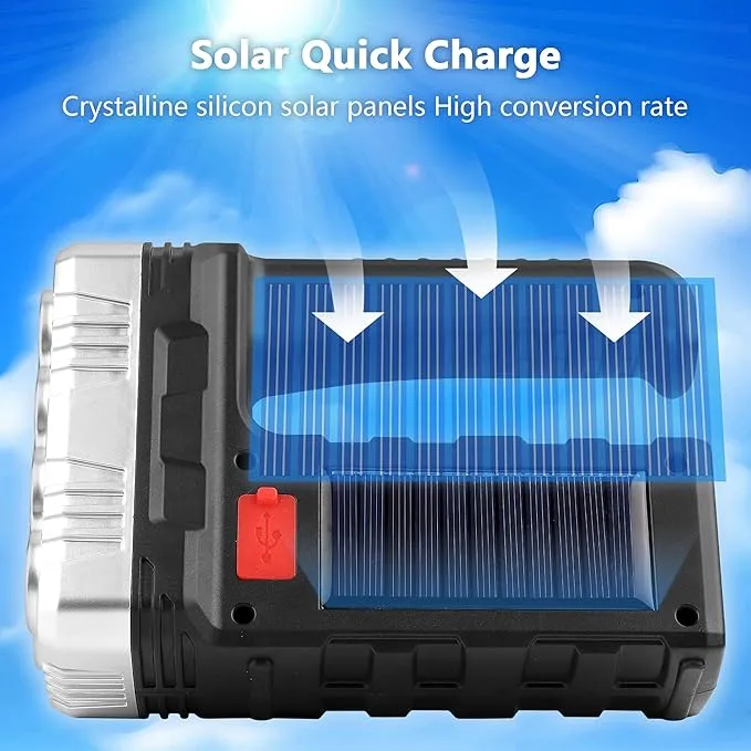 Solar Flashlight with USB Cable,Rechargeable 8 LED Handheld with COB Sidelight,Portable Waterproof Flashlight,High Lumens 3 Modes Searchlight,for Fishing Outdoor Camping Emergencies