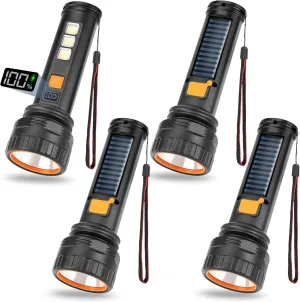 Solar Flashlights, 1500 Lumens Led Solar Powered Flashlights with Digital Display 2000mAh Battery Rechargeable Handheld Flashlights IP65 Waterproof Flashlights for Survival Emergencies, 4 Pack
