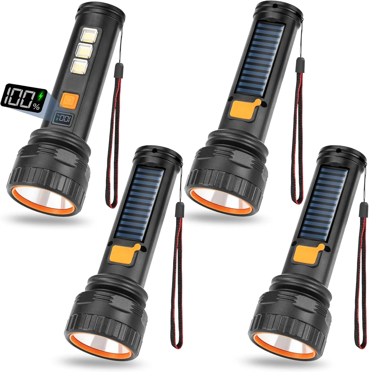 Solar Flashlights, 1500 Lumens Led Solar Powered Flashlights with Digital Display 2000mAh Battery Rechargeable Handheld Flashlights IP65 Waterproof Flashlights for Survival Emergencies, 4 Pack