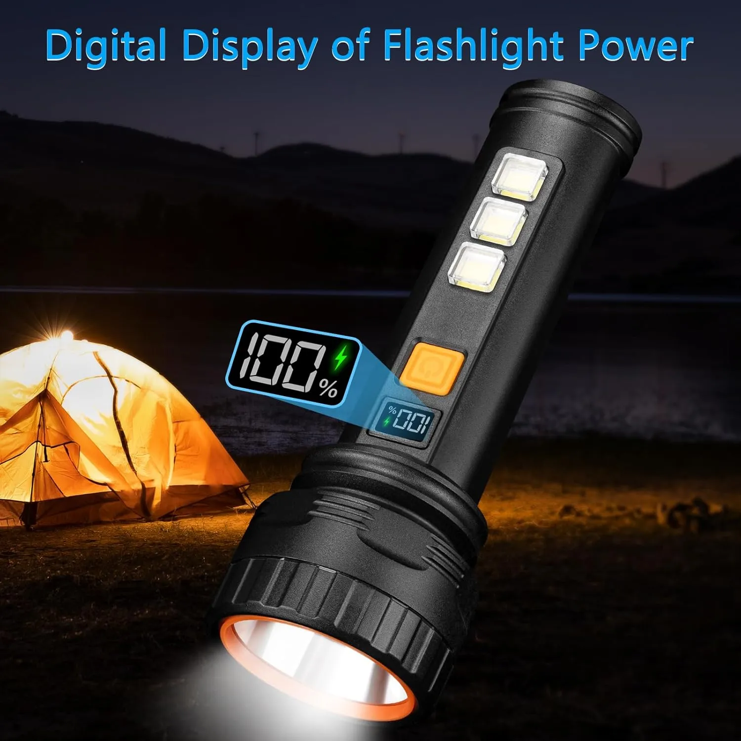 Solar Flashlights, 1500 Lumens Led Solar Powered Flashlights with Digital Display 2000mAh Battery Rechargeable Handheld Flashlights IP65 Waterproof Flashlights for Survival Emergencies, 4 Pack