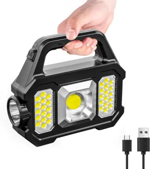Solar Handheld Flashlight with USB Cable, 6 Modes Rechargeable Multifunction Lights Super Bright LED Searchlight, Lightweight Waterproof Portable Spotlight for Fishing Outdoor Camping Emergencies