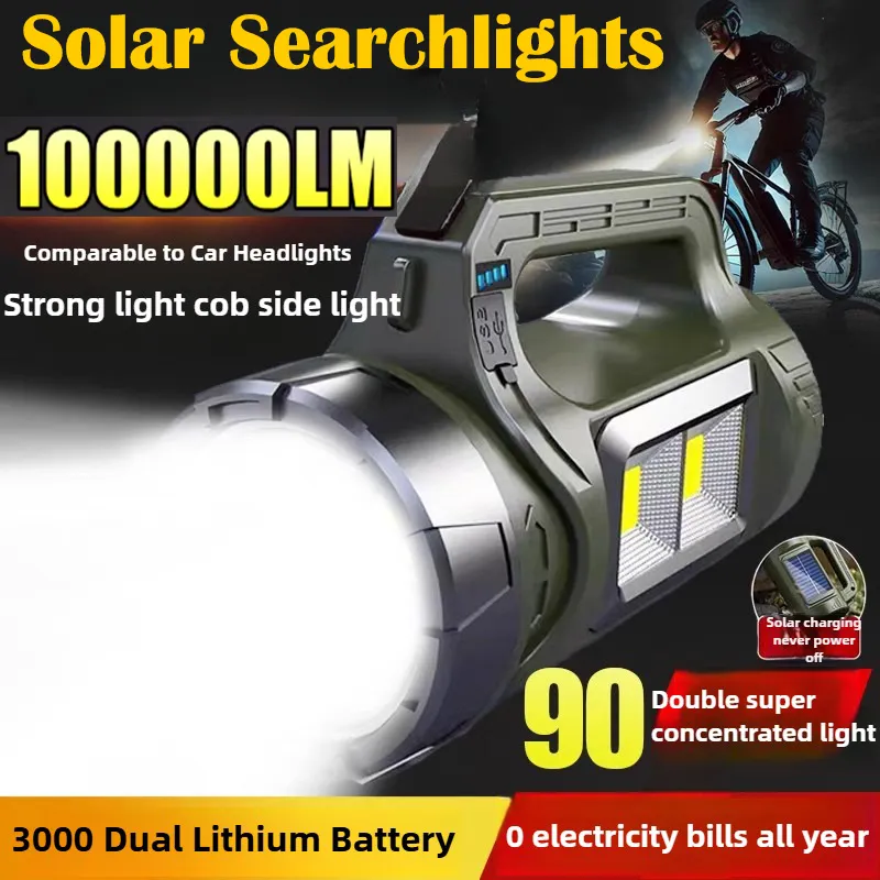 Solar Searchlight 100000LM 4-core Explosion-proof Flashlight with Super Bright COB Side Lights