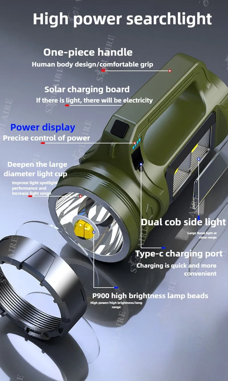 Solar Searchlight 100000LM 4-core Explosion-proof Flashlight with Super Bright COB Side Lights