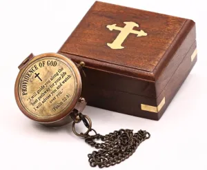 Solid Brass Handmade Path of God Compass with Brass Cross Inlaid Hardwood Storgae Case, Unique Gift for Son