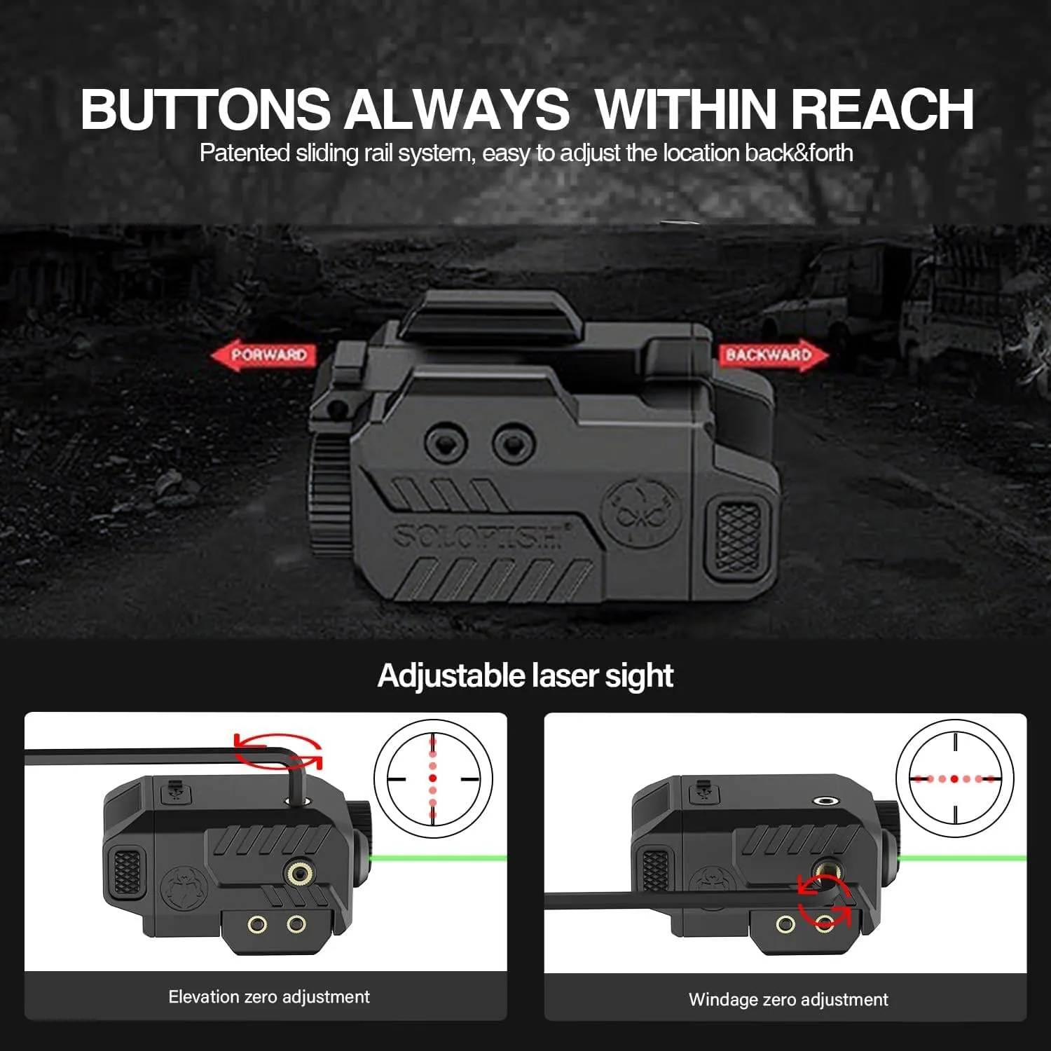 Solofish 500lm Tactical Flashlight Compatible for Compact with Rail, Green/Red/Blue Beam and White LED Combo with Strobe